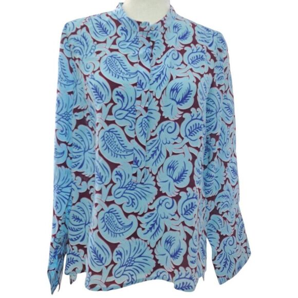 J.Crew Women's Printed Blue Silk Long Sleeves Tunic Top Sz Small - Picture 4 of 9